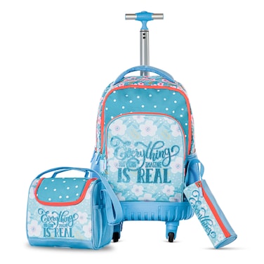 Eazy Kids 18" 4-Wheel Trolley School Set w/ Lunch Bag and Pencil case &ndash; Flora Edition