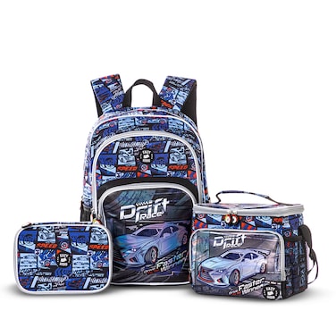 Eazy Kids 18" Set of 3 Backpack w/ Lunch Bag and Pencil Case - Car Racing