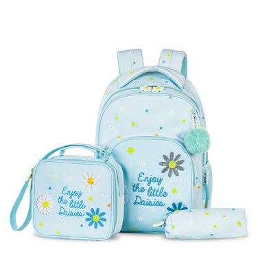 Eazy Kids 17" School Bag Set of 3 w/ Lunch Bag and Pencil Pouch - Little Daisy Green