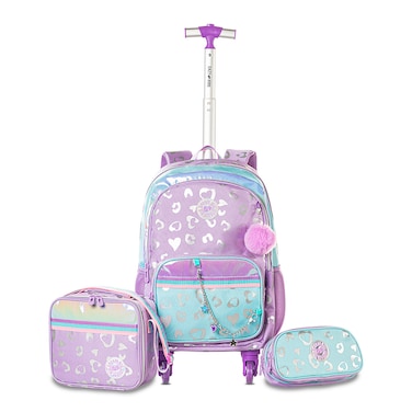 Eazy Kids 4-wheel Trolley 17" School Bag Set of 3 w/ Lunch Bag and Pencil Pouch - Love Purple