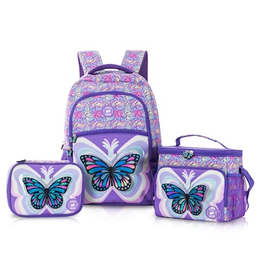 Eazy Kids 18" Set of 3 Backpack w/ Lunch Bag and Pencil Case - 3D Butterfly Purple