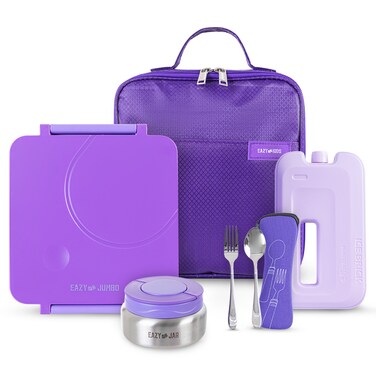 Eazy Kids Jumbo Bento Lunch Box Set w/ Steel Food Jar, Ice Pack &amp; Insulated Lunch Bag &ndash; Purple