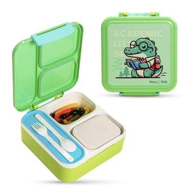 Nova Kids 3 Compartment Bento Lunch Box w/ Spoon &amp; Fork Set and Stainless Steel Gravy Box -  Dino Green