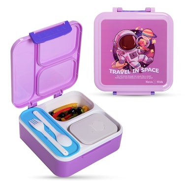 Nova Kids 3 Compartment Bento Lunch Box w/ Spoon &amp; Fork Set and Stainless Steel Gravy Box - Astronaut Purple