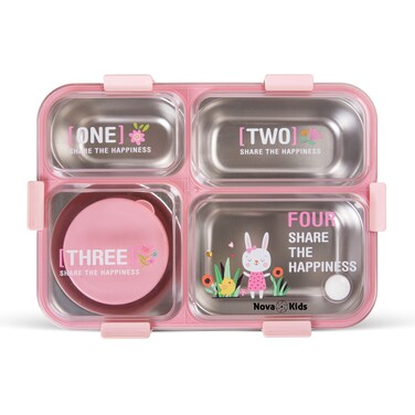Nova Kids Stainless Steel 3 Compartment Bento Lunch Box w/ Spoon &amp; Fork Set - Pink