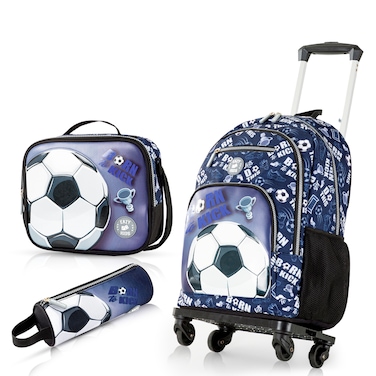 Eazy Kids 18" Set of 4 Backpack w/ 4 Wheel Trolley, Lunch Bag and Pencil Case - Football