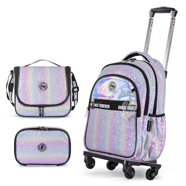 Eazy Kids 17" School Bag Set of 4 w/ 4 Wheel Trolley, Lunch Bag and Pencil Case - Good Vibes - Silver