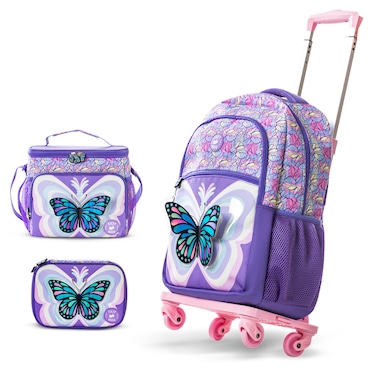 Eazy Kids 18" Set of 4 Backpack w/ 4 Wheel Trolley, Lunch Bag and Pencil Case - 3D Butterfly Purple