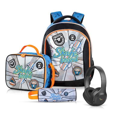 Eazy Kids 17" Set of 4 Backpack w/ BT Headset, Lunch Bag and Pencil Case - Skate Board