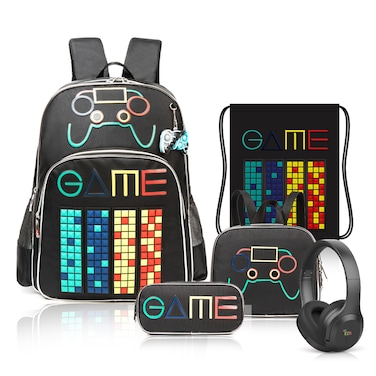 Eazy Kids 17Inch Set of 5 School Bag with BT Headset, Lunch Bag, Activity Bag and Pencil Case Gen Z Gamer - Black