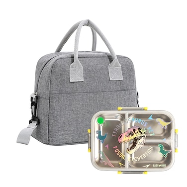 صندوق غداء بينتو من الفولاذ المقاوم للصدأ بثلاث حجرات من إيزي كيدز، 800 مل مع حقيبة غداء - تي ريكس بنفسجي