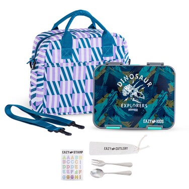 صندوق غداء بينتو قابل للتحويل من إيزي كيدز للأطفال من عمر 6 و4 سنوات مع حقيبة غداء، طقم ملاعق وشوكة فولاذية، وملصق حروف أبجدية - رمادي تي ريكس