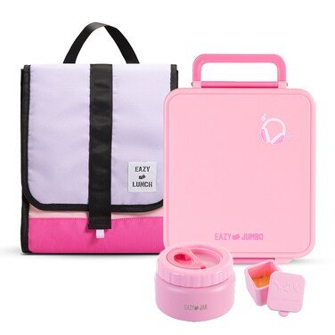 Eazy Kids Jumbo Bento Lunch Box w/ Lunch Bag, Thermos &amp; Dip Jar- Pink