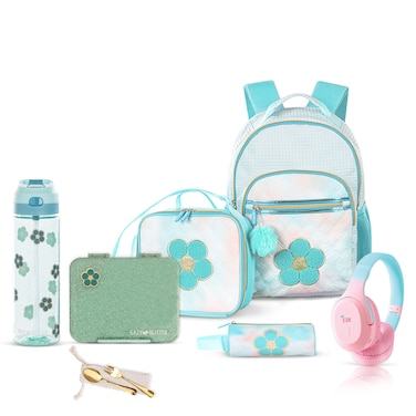 Eazy Kids 18" Set of 6 Backpack w/ Water Bottle, Lunch Box, Lunch Bag and Pencil Case &amp; BT Headset - Flora Green