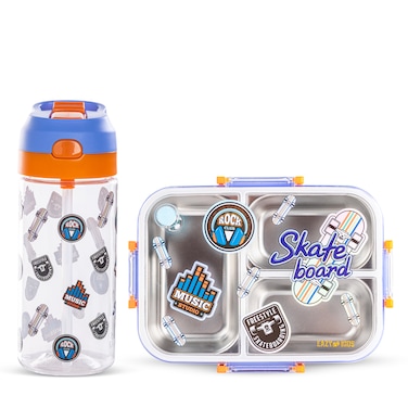 Eazy Kids 3 Compartment 800ml Stainless Steel bento Lunch Box w/ Water Bottle - Skate Board Purple