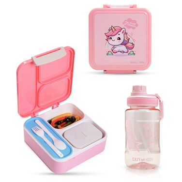Nova Kids 3 Compartment Bento Lunch Box w/ Water Bottle, Spoon &amp; Fork Set and Stainless Steel Jar - Unicorn Pink