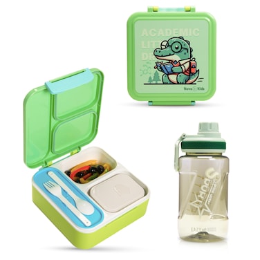 Nova Kids 3 Compartment Bento Lunch Box w/ Water Bottle, Spoon &amp; Fork Set and Stainless Steel Jar - Dino Green