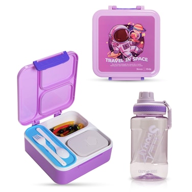 Nova Kids 3 Compartment Bento Lunch Box w/ Water Bottle, Spoon &amp; Fork Set and Stainless Steel Jar - Astronaut Purple