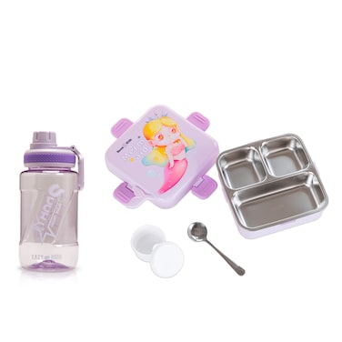 Nova Kids Stainless Steel 3 Compartment Bento Lunch Box w/ Water Bottle, Spoon and Sauce Box - Mermaid Purple