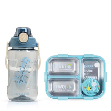 Nova Kids Stainless Steel 3 Compartment Bento Lunch Box w/ Water Bottle, Spoon &amp; Fork Set - Blue