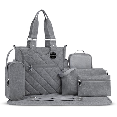 Little Story Set of 7 - Quilted Diaper Bag with Stroller Straps and Changing Mat - Grey