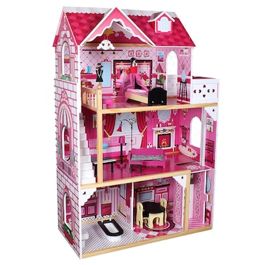Little Story Wooden Dollhouse Triple Floor Extra large w/ Escalator, Furniture and Accessories - Pink