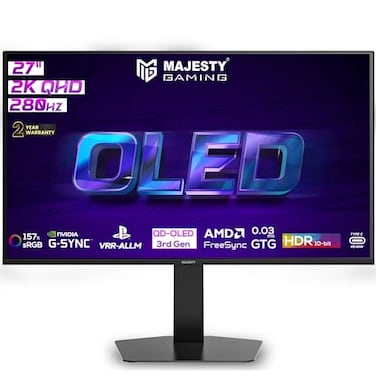 شاشة ألعاب OLED من ماجيستي 27 بوصة 2K QHD، QD-OLED، 280Hz، 0.03ms، HDR400، ‎157% sRGB، 10-Bit، G-SYNC & FreeSync، HDMI 2.1، DP & USB-C، VESA، سماعات مدمجة، RGB خلفي، حامل مرن