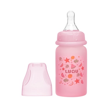 LuQu Silicone Coating (Glass Inside/Silicone Outside) Nursing Bottle, Streamlined Body, Natural Feel, Easy to Clean, Heat-Resistant, 120 ML, +3M