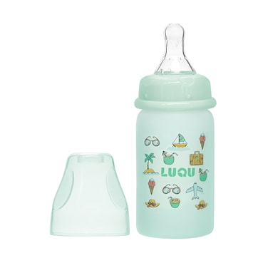 LuQu Silicone Coating (Glass Inside/Silicone Outside) Nursing Bottle, Streamlined Body, Natural Feel, Easy to Clean, Heat-Resistant, 120 ML, +3M