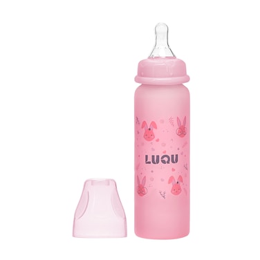 LuQu Silicone Coating (Glass Inside/Silicone Outside) Nursing Bottle, Streamlined Body, Natural Feel, Easy to Clean, Heat-Resistant, 240 ML, +6M