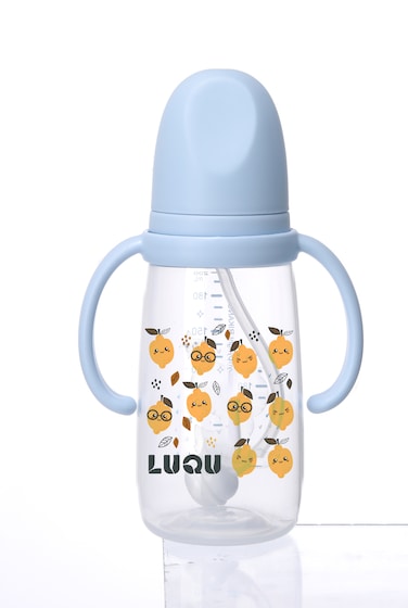LuQu PP Feeding Bottle with Handle and Anti-Colic Straw, 200ML,Nipple size- L, 6+ months.