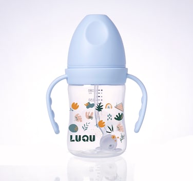 LuQu PP Feeding Bottle with Handle and Anti-Colic Straw, 180ML ,Nipple size- M, 3+ months.