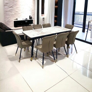 Marble dining table - 6 chairs - brown