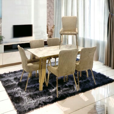 Marble dining table - 6 chairs - gold