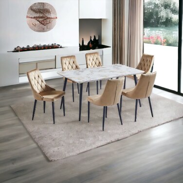 Wooden dining table with 6 chairs, white - light brown