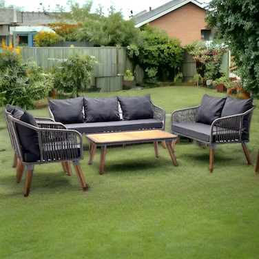 Black outdoor seating, 7 seats with a wooden table