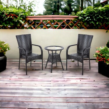Brown outdoor seating with 2 seats and a table with a glass top