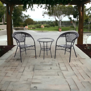 Black 2-seater outdoor seating area with a glass-topped table