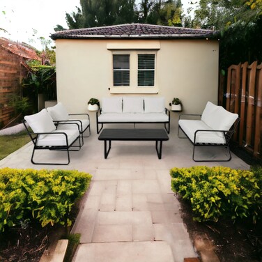 Black-beige outdoor seating 7 seater wooden table