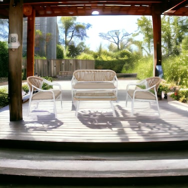 Light brown outdoor seating, 4 seater, glass table