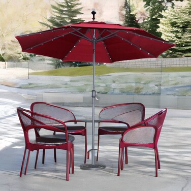 Red illuminated folding garden umbrella, 300 x 285 cm