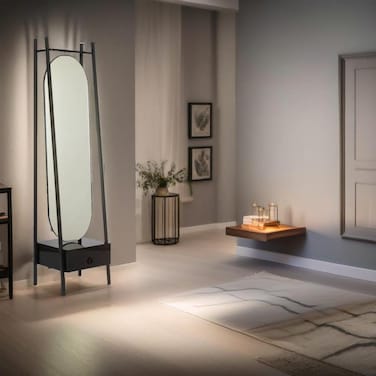 Floor mirror with black cabinet, metal frame, 130 x 35 cm