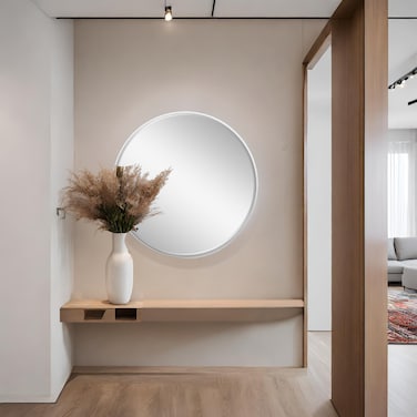 Round wall mirror, resistant to breakage, silver frame, 80 x 80 cm