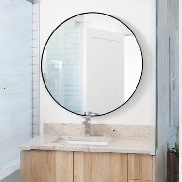 Round, unbreakable wall mirror, black frame, 100 x 100 cm