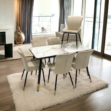 Marble Dining Table - 8 Chairs - Beige