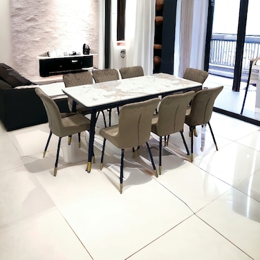 Marble Dining Table - 8 Chairs - Brown