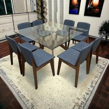 طاولة طعام زجاج   - 8 كرسي  مخمل ازرق- بني