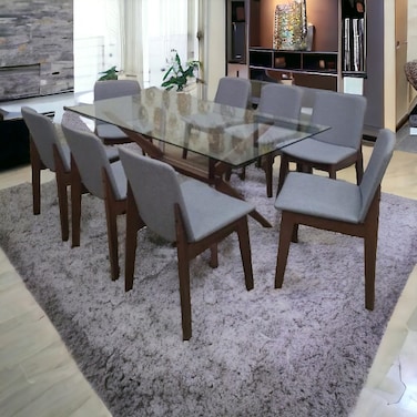 Glass Dining Table - 8 Velvet Chairs - Grey - Brown