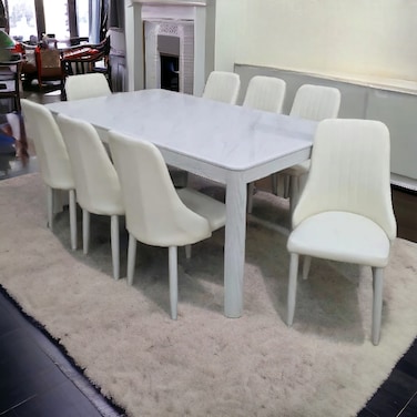 White Marble Dining Table - 8 Velvet Chairs