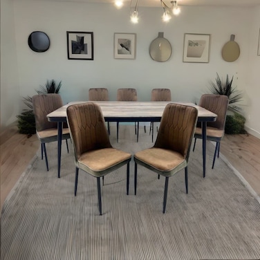 Wooden dining table with 8 brown chairs
